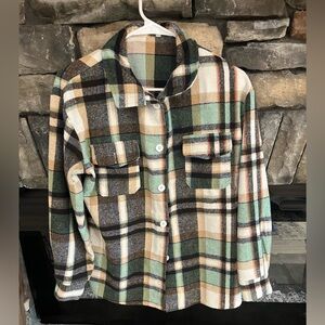 SHEIN Plaid Button Down Shirt - Green, Brown, Cream